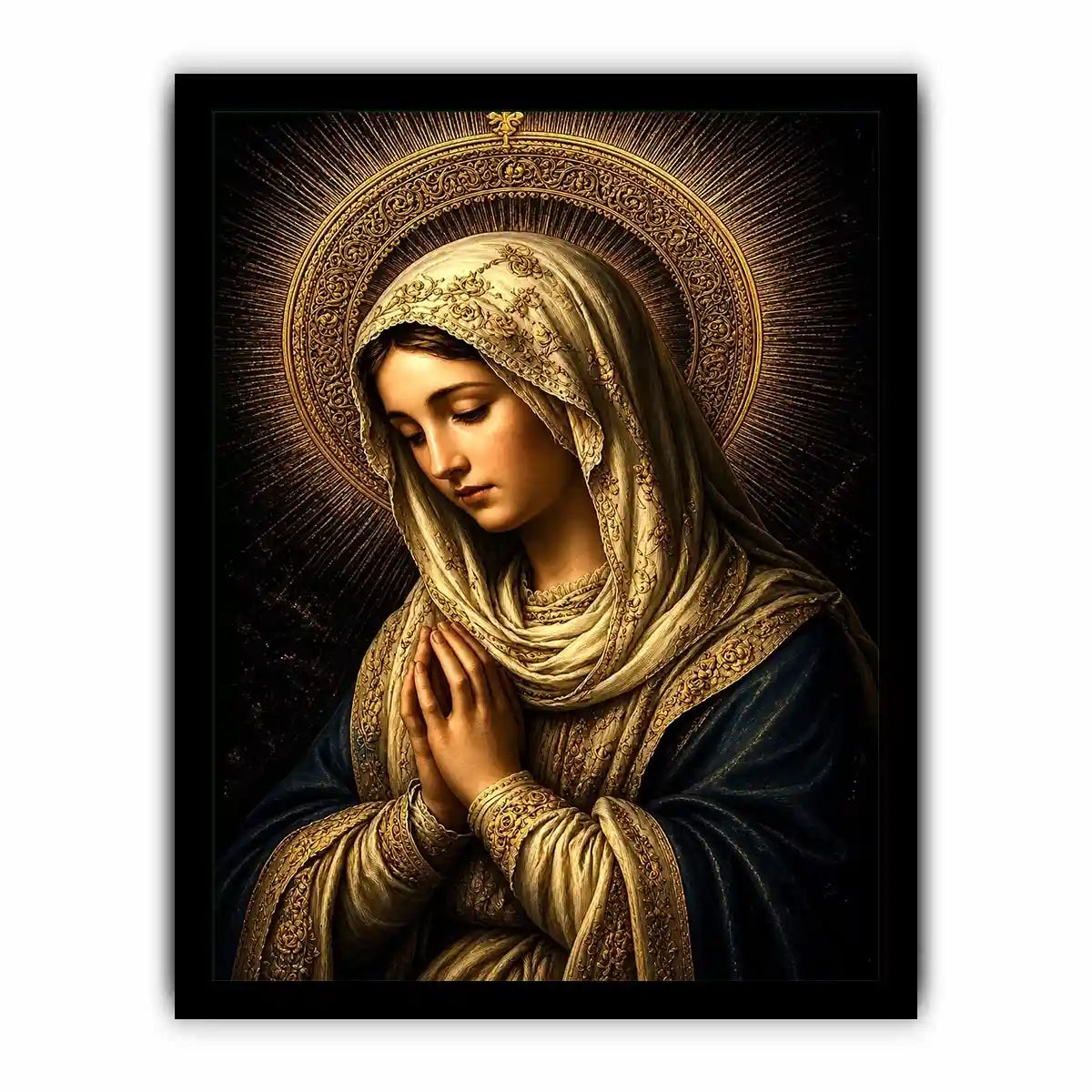 Virgin Mary prayer wall art with glowing gold halo dark renaissance Christian canvas painting for luxury spiritual decor
