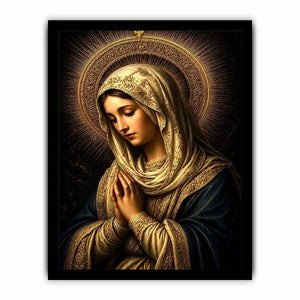 Virgin Mary prayer wall art with glowing gold halo dark renaissance Christian canvas painting for luxury spiritual decor