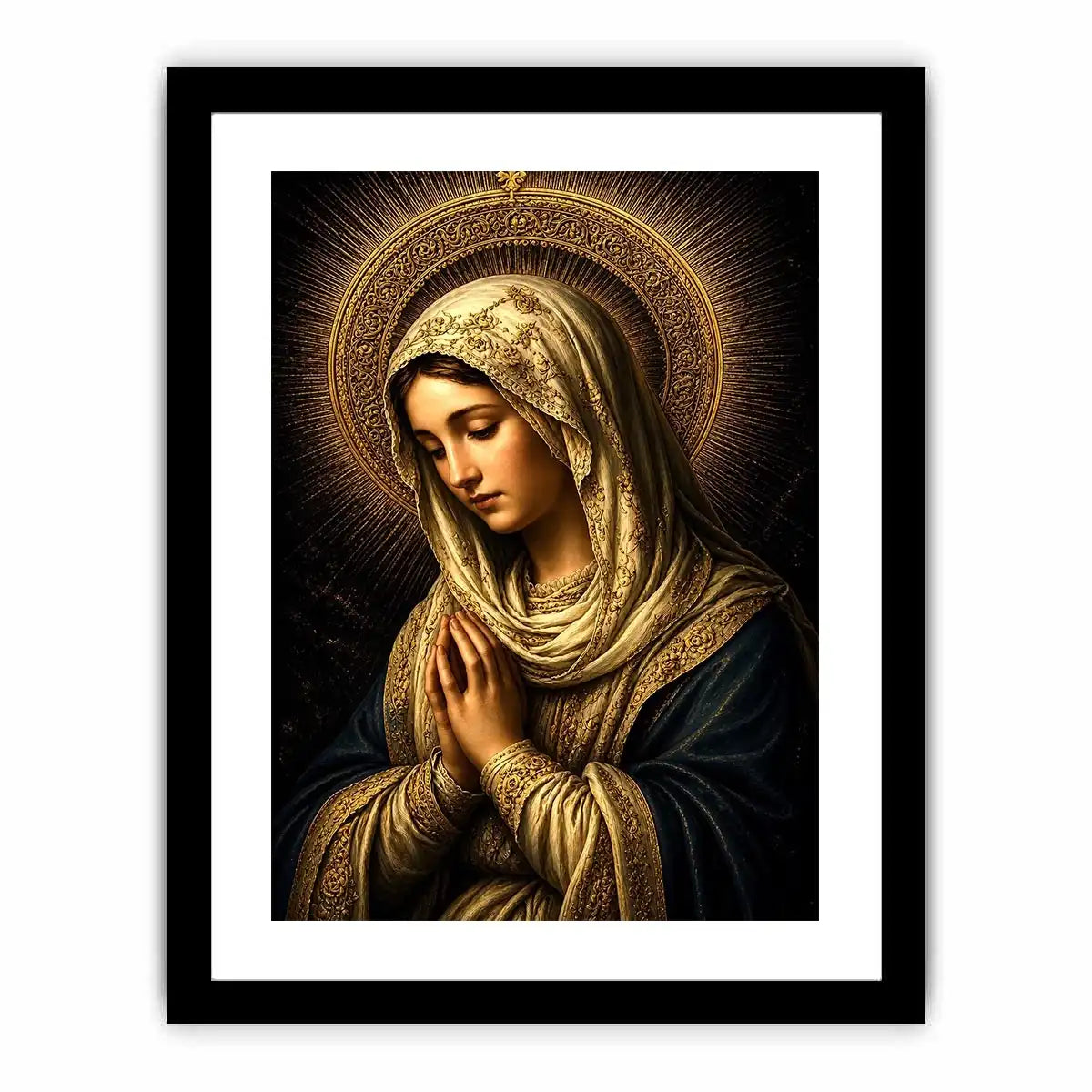 Virgin Mary prayer wall art with glowing gold halo dark renaissance Christian canvas painting for luxury spiritual decor