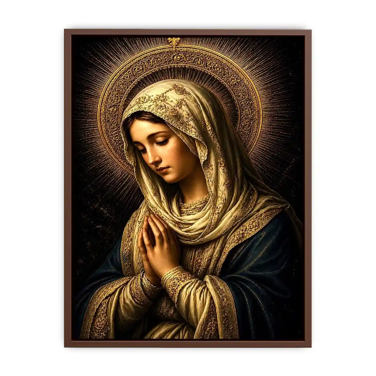 Virgin Mary prayer wall art with glowing gold halo dark renaissance Christian canvas painting for luxury spiritual decor