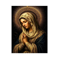 Virgin Mary prayer wall art with glowing gold halo dark renaissance Christian canvas painting for luxury spiritual decor
