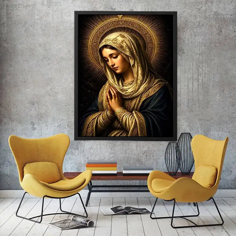 Virgin Mary prayer wall art with glowing gold halo dark renaissance Christian canvas painting for luxury spiritual decor