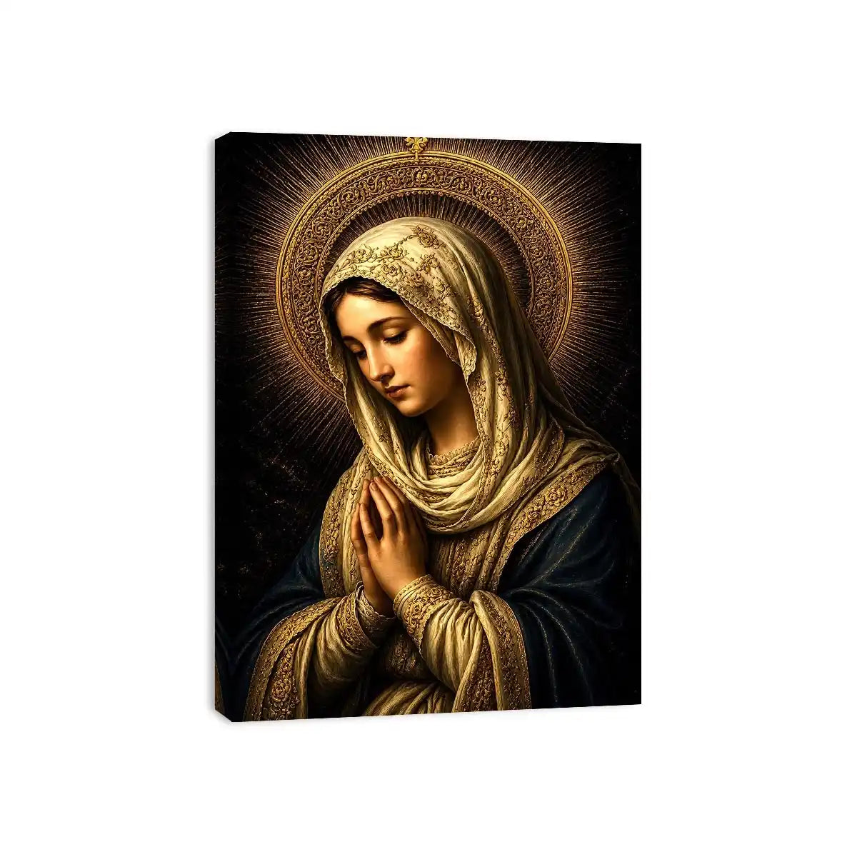 Virgin Mary prayer wall art with glowing gold halo dark renaissance Christian canvas painting for luxury spiritual decor