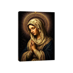 Virgin Mary prayer wall art with glowing gold halo dark renaissance Christian canvas painting for luxury spiritual decor
