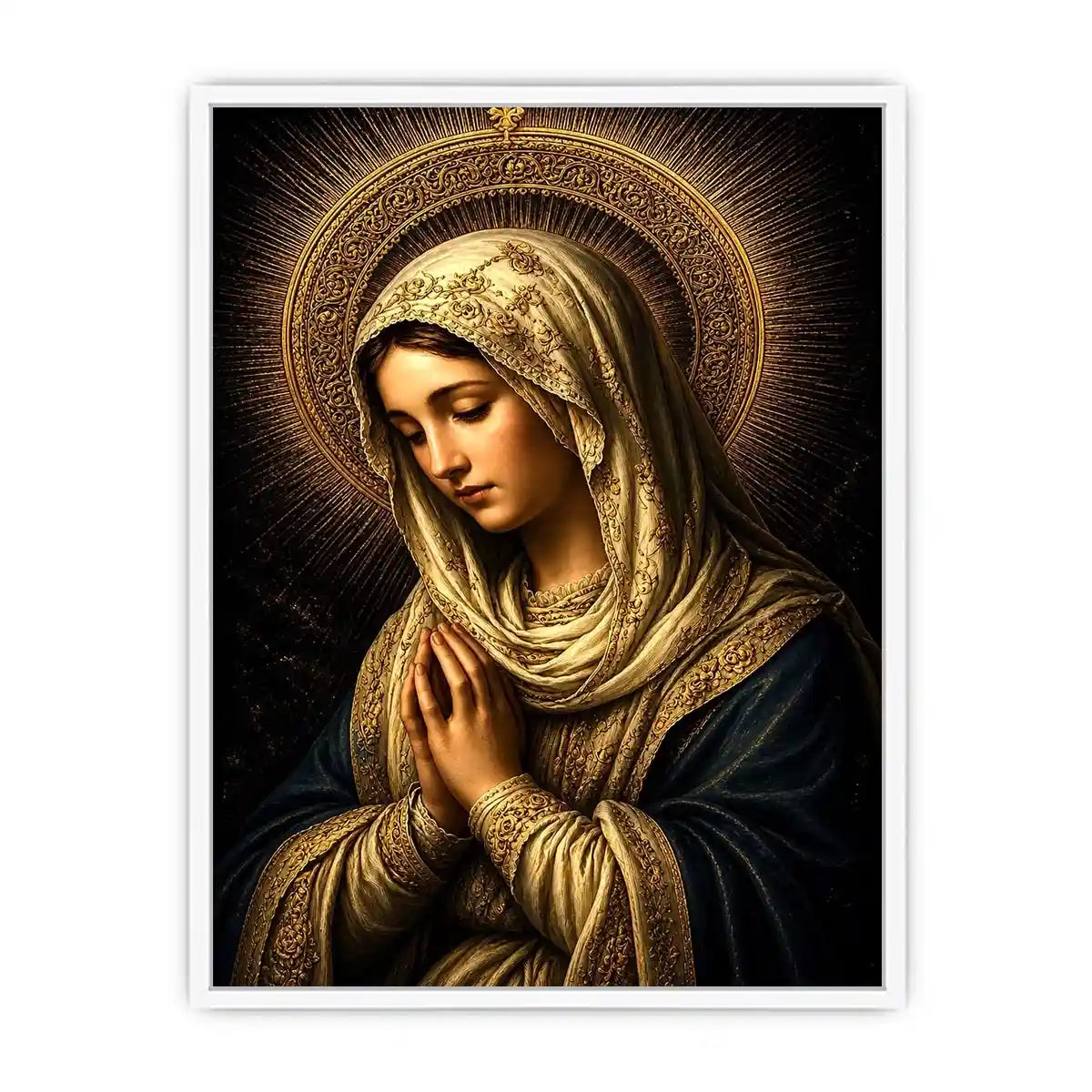 Virgin Mary prayer wall art with glowing gold halo dark renaissance Christian canvas painting for luxury spiritual decor