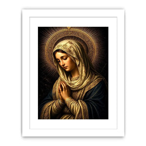 Virgin Mary prayer wall art with glowing gold halo dark renaissance Christian canvas painting for luxury spiritual decor