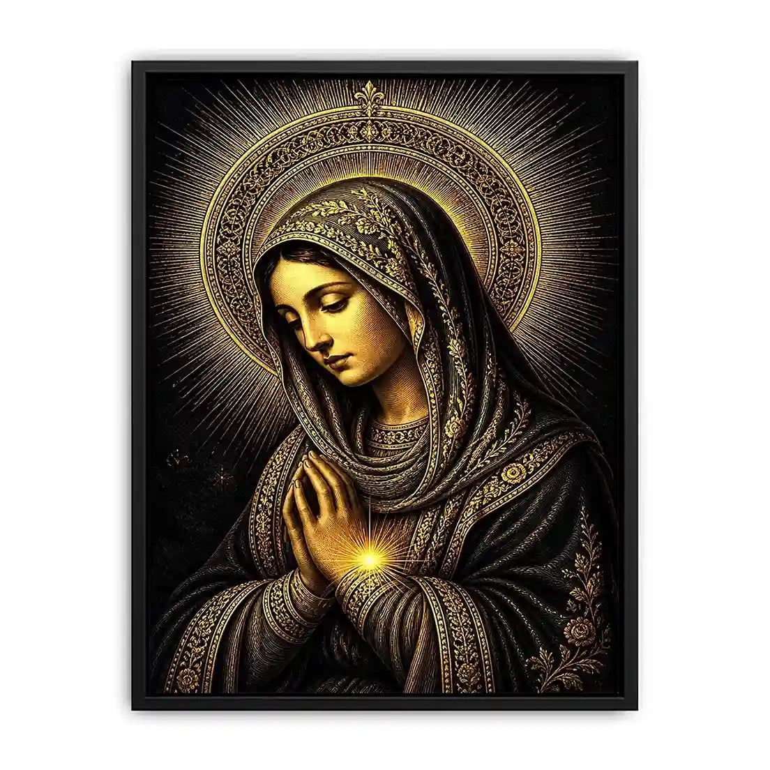 Sacred Midnight Madonna wall art featuring Virgin Mary praying with radiant golden halo in black and gold renaissance style religious canvas artwork