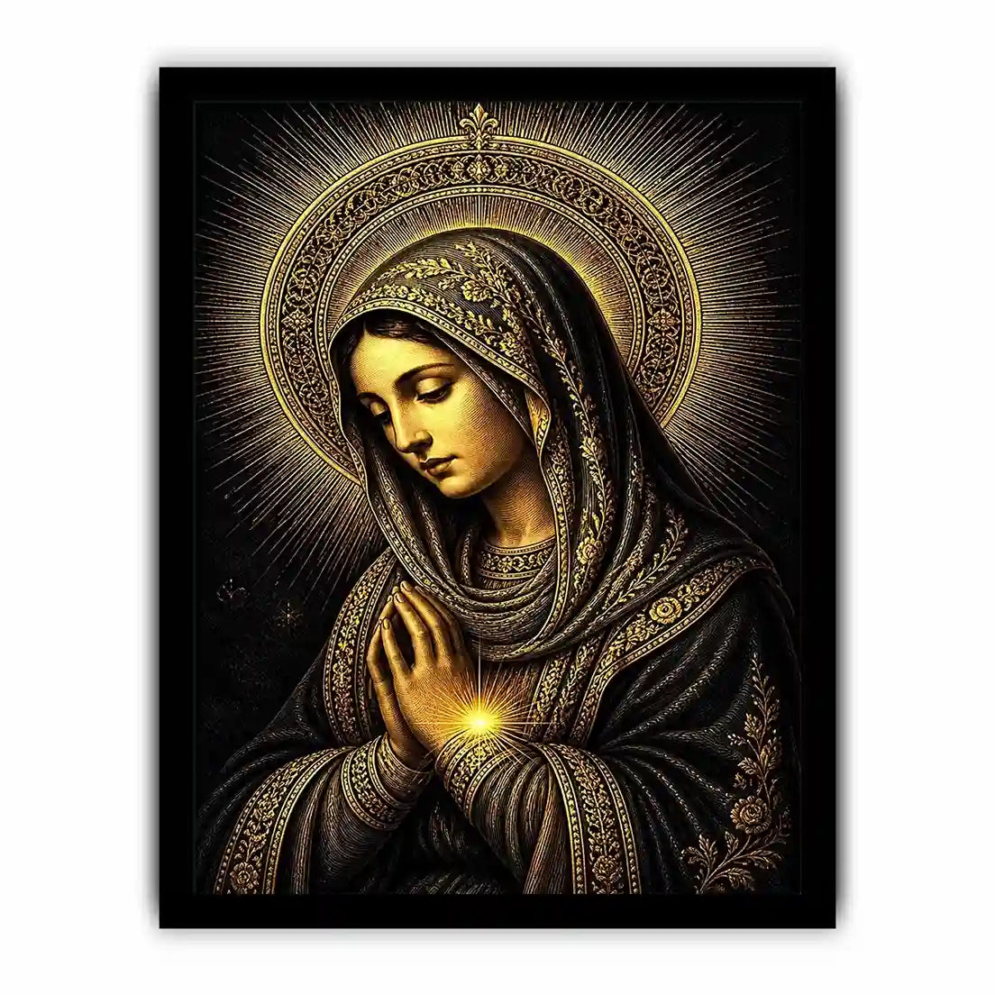 Sacred Midnight Madonna wall art featuring Virgin Mary praying with radiant golden halo in black and gold renaissance style religious canvas artwork