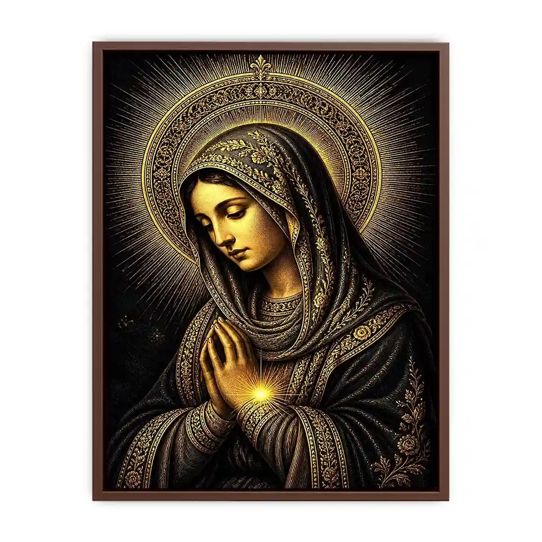 Sacred Midnight Madonna wall art featuring Virgin Mary praying with radiant golden halo in black and gold renaissance style religious canvas artwork