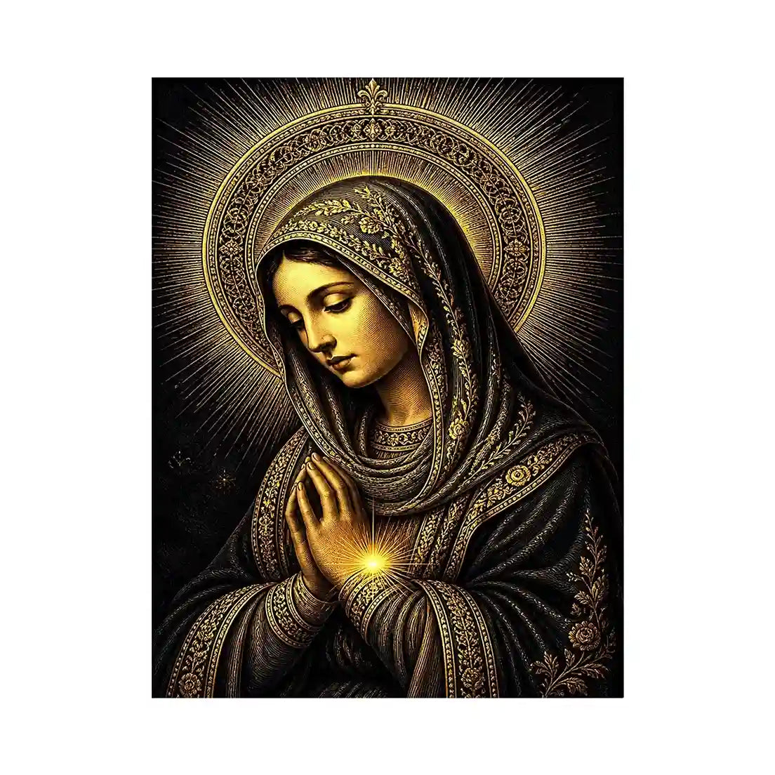 Sacred Midnight Madonna wall art featuring Virgin Mary praying with radiant golden halo in black and gold renaissance style religious canvas artwork