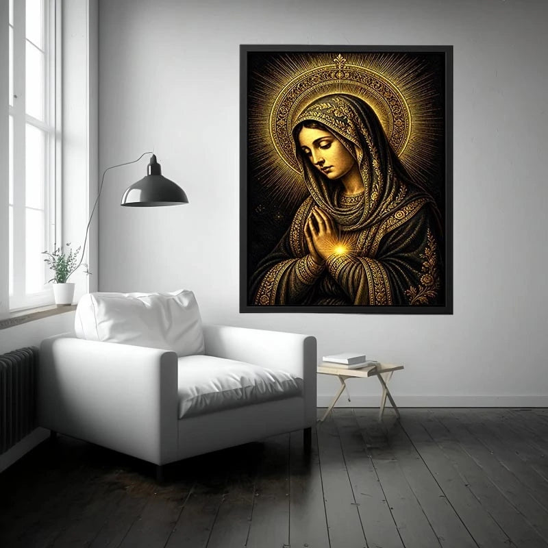 Sacred Midnight Madonna wall art featuring Virgin Mary praying with radiant golden halo in black and gold renaissance style religious canvas artwork