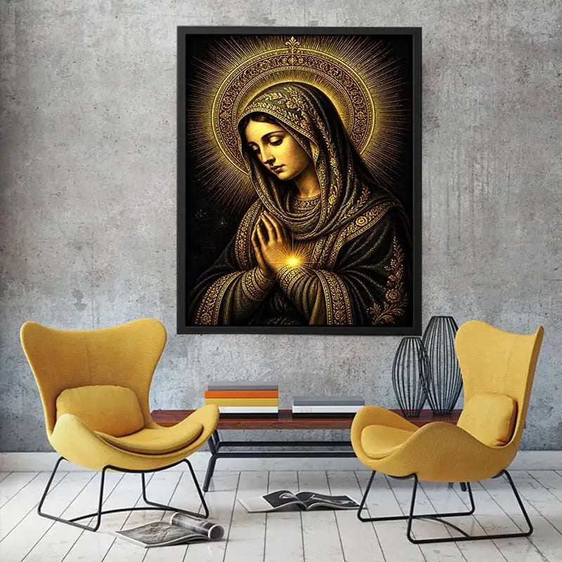 Sacred Midnight Madonna wall art featuring Virgin Mary praying with radiant golden halo in black and gold renaissance style religious canvas artwork