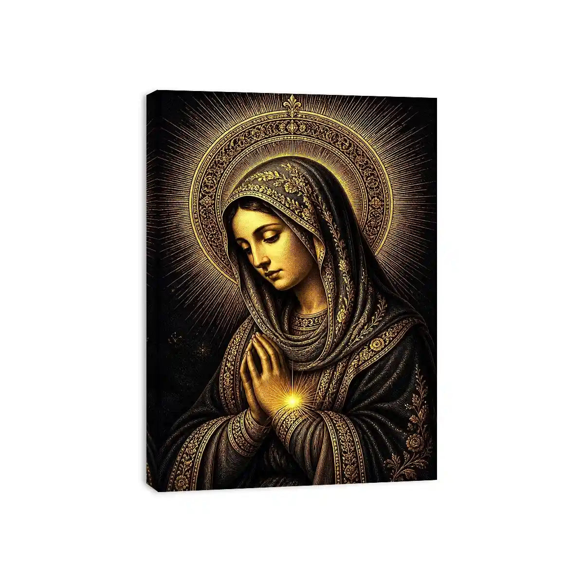 Sacred Midnight Madonna wall art featuring Virgin Mary praying with radiant golden halo in black and gold renaissance style religious canvas artwork