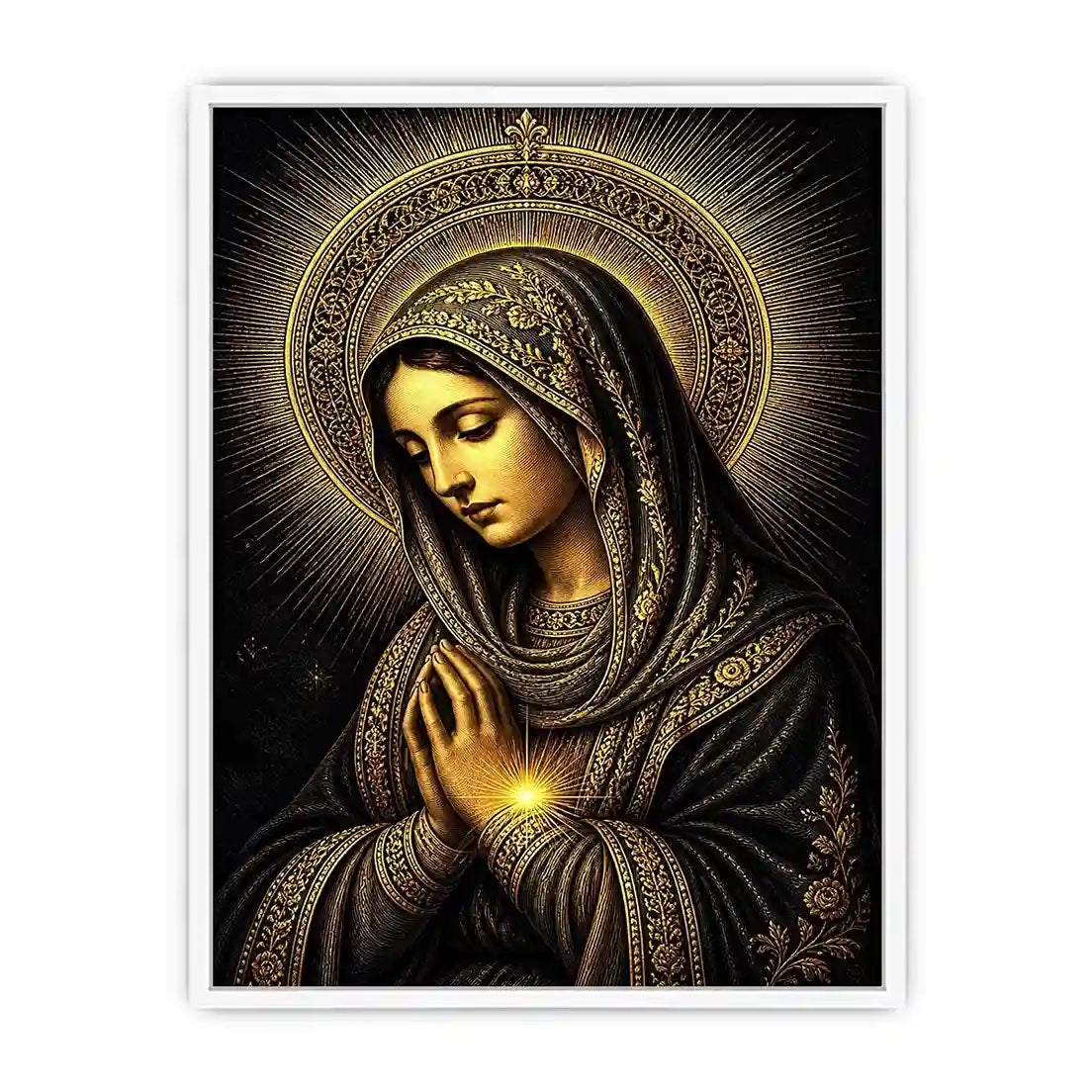 Sacred Midnight Madonna wall art featuring Virgin Mary praying with radiant golden halo in black and gold renaissance style religious canvas artwork