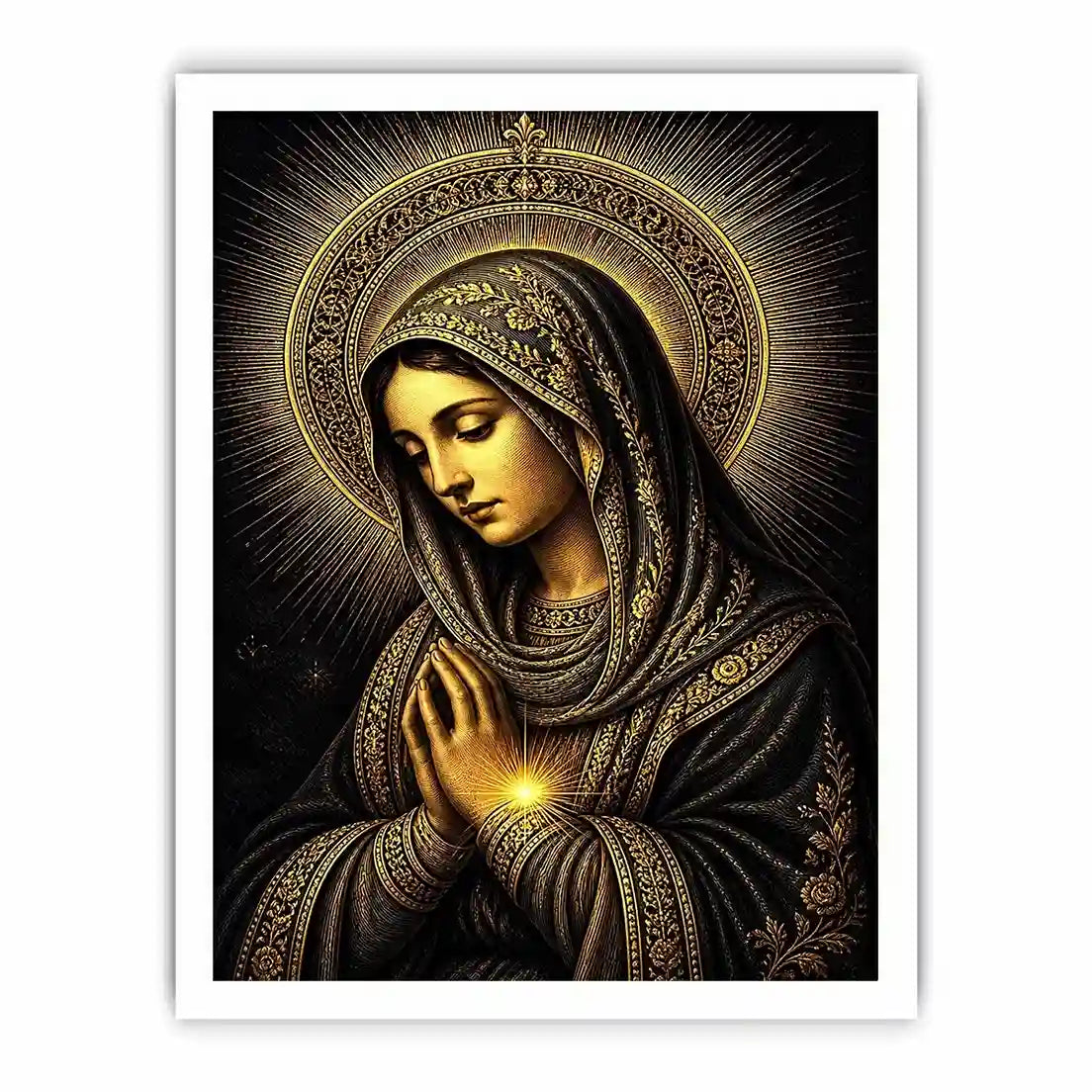 Sacred Midnight Madonna wall art featuring Virgin Mary praying with radiant golden halo in black and gold renaissance style religious canvas artwork