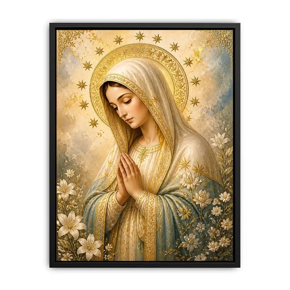 Heavenly Grace Madonna wall art featuring Virgin Mary praying with gold halo stars and floral details in luxury renaissance religious canvas style