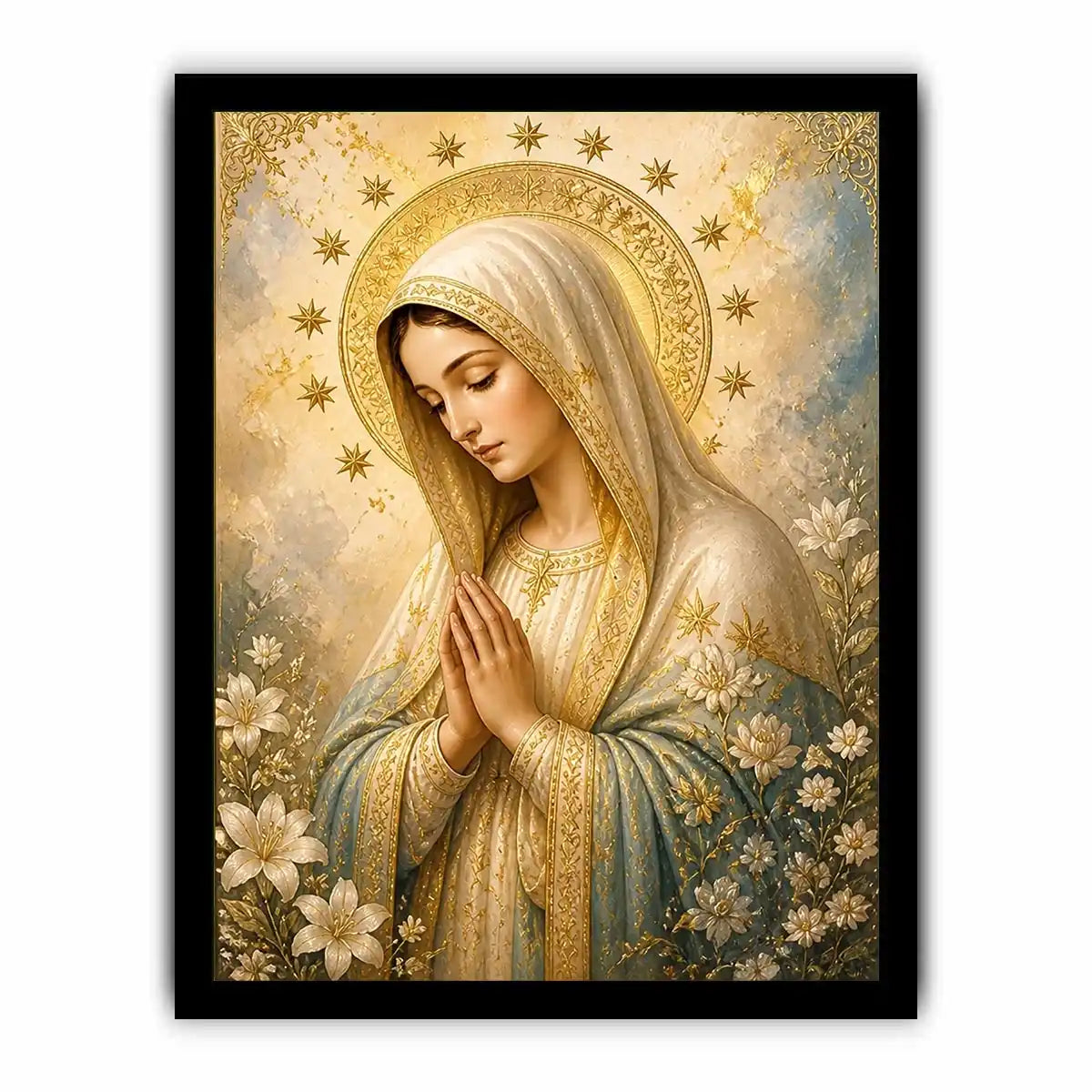 Heavenly Grace Madonna wall art featuring Virgin Mary praying with gold halo stars and floral details in luxury renaissance religious canvas style