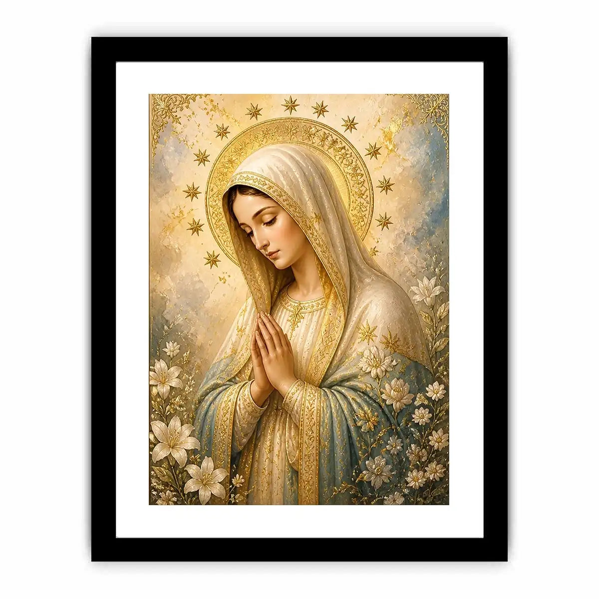 Heavenly Grace Madonna wall art featuring Virgin Mary praying with gold halo stars and floral details in luxury renaissance religious canvas style