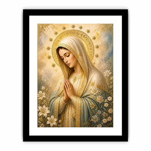 Heavenly Grace Madonna wall art featuring Virgin Mary praying with gold halo stars and floral details in luxury renaissance religious canvas style