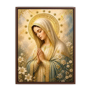 Heavenly Grace Madonna wall art featuring Virgin Mary praying with gold halo stars and floral details in luxury renaissance religious canvas style