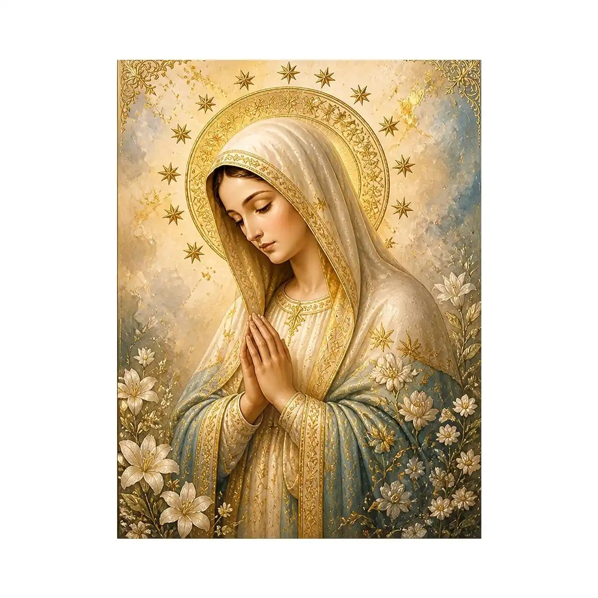 Heavenly Grace Madonna wall art featuring Virgin Mary praying with gold halo stars and floral details in luxury renaissance religious canvas style