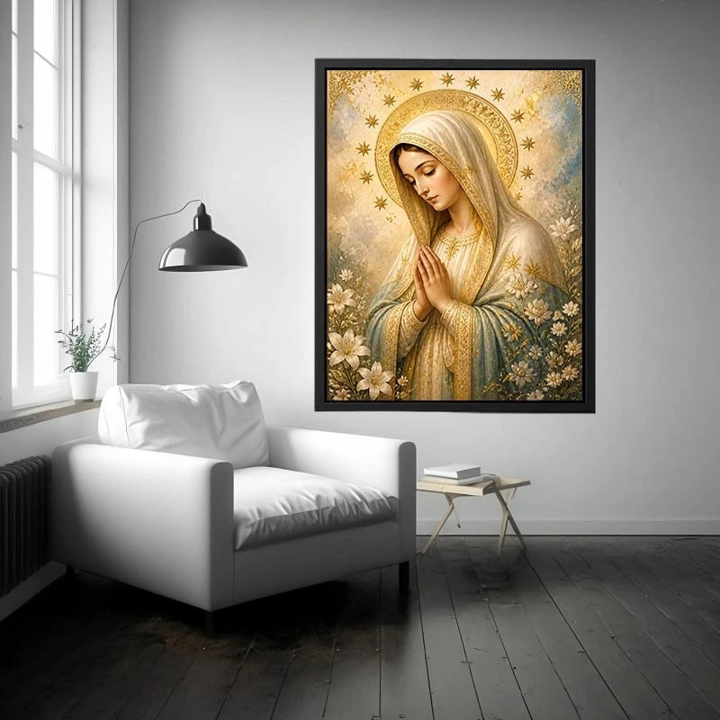 Heavenly Grace Madonna wall art featuring Virgin Mary praying with gold halo stars and floral details in luxury renaissance religious canvas style