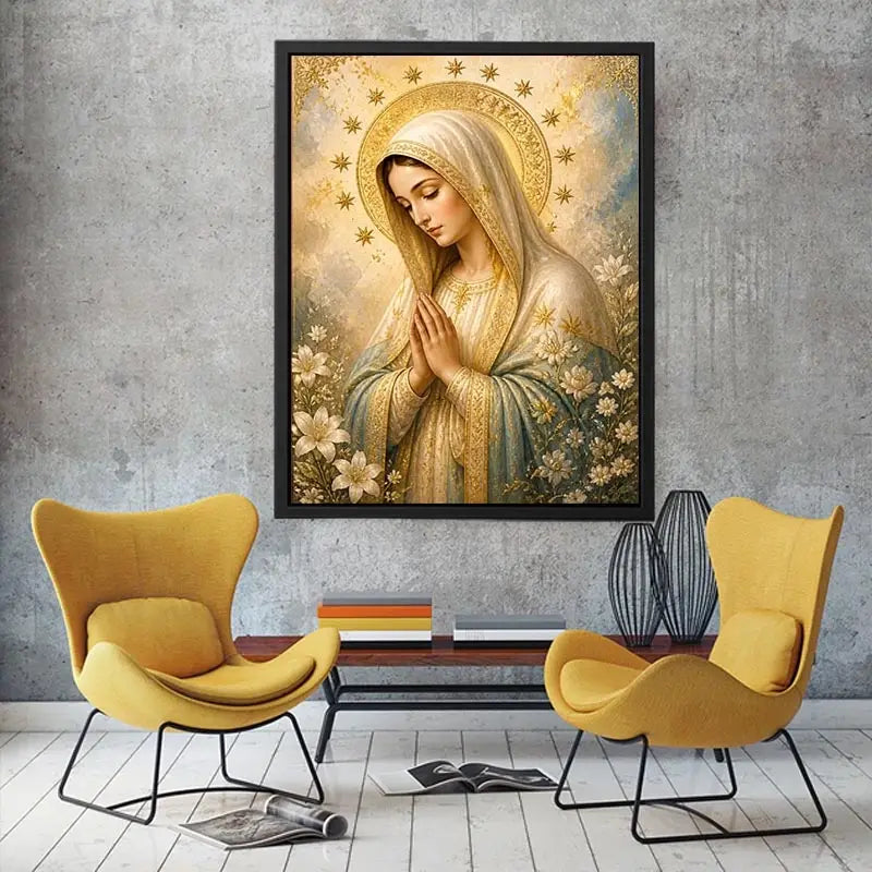 Heavenly Grace Madonna wall art featuring Virgin Mary praying with gold halo stars and floral details in luxury renaissance religious canvas style