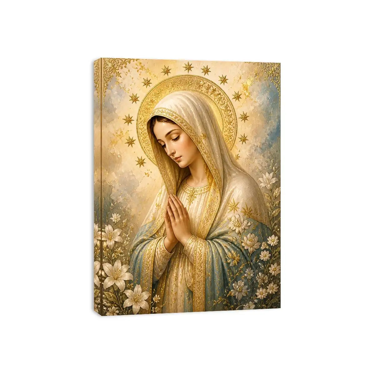 Heavenly Grace Madonna wall art featuring Virgin Mary praying with gold halo stars and floral details in luxury renaissance religious canvas style