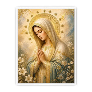 Heavenly Grace Madonna wall art featuring Virgin Mary praying with gold halo stars and floral details in luxury renaissance religious canvas style