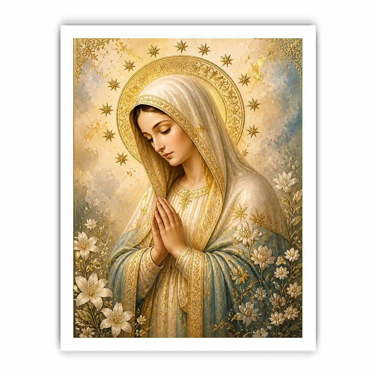 Heavenly Grace Madonna wall art featuring Virgin Mary praying with gold halo stars and floral details in luxury renaissance religious canvas style
