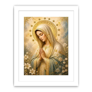 Heavenly Grace Madonna wall art featuring Virgin Mary praying with gold halo stars and floral details in luxury renaissance religious canvas style