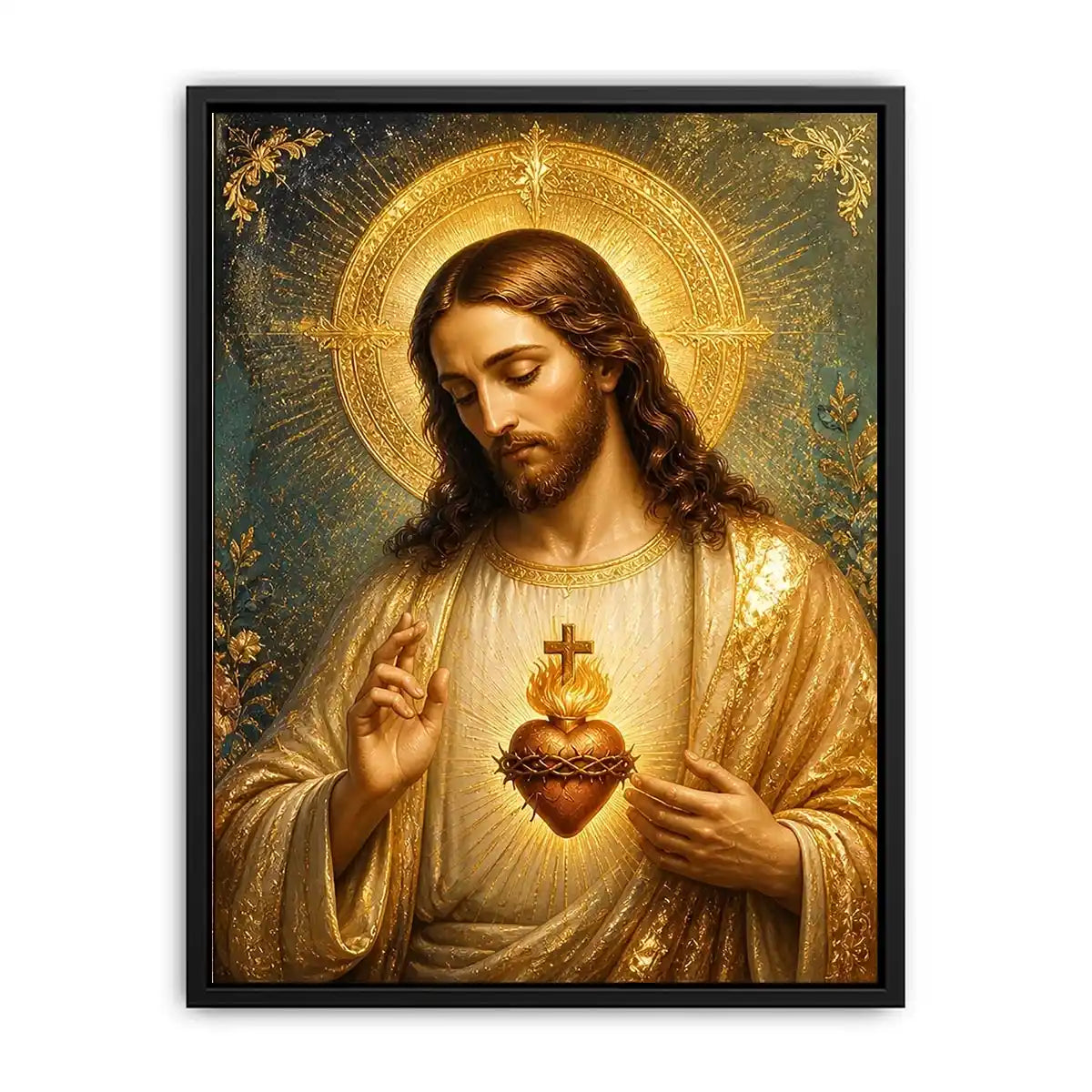 Divine Sacred Heart of Jesus wall art featuring glowing golden halo and sacred heart in renaissance style Christian canvas artwork