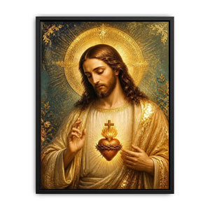 Divine Sacred Heart of Jesus wall art featuring glowing golden halo and sacred heart in renaissance style Christian canvas artwork