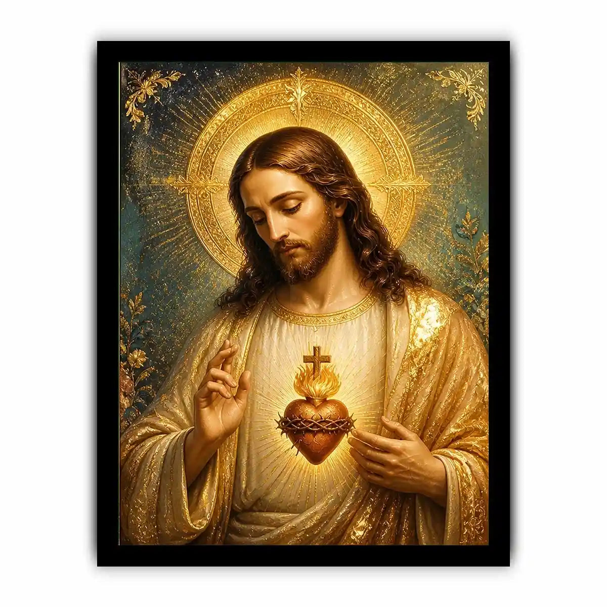 Divine Sacred Heart of Jesus wall art featuring glowing golden halo and sacred heart in renaissance style Christian canvas artwork