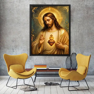 Divine Sacred Heart of Jesus wall art featuring glowing golden halo and sacred heart in renaissance style Christian canvas artwork