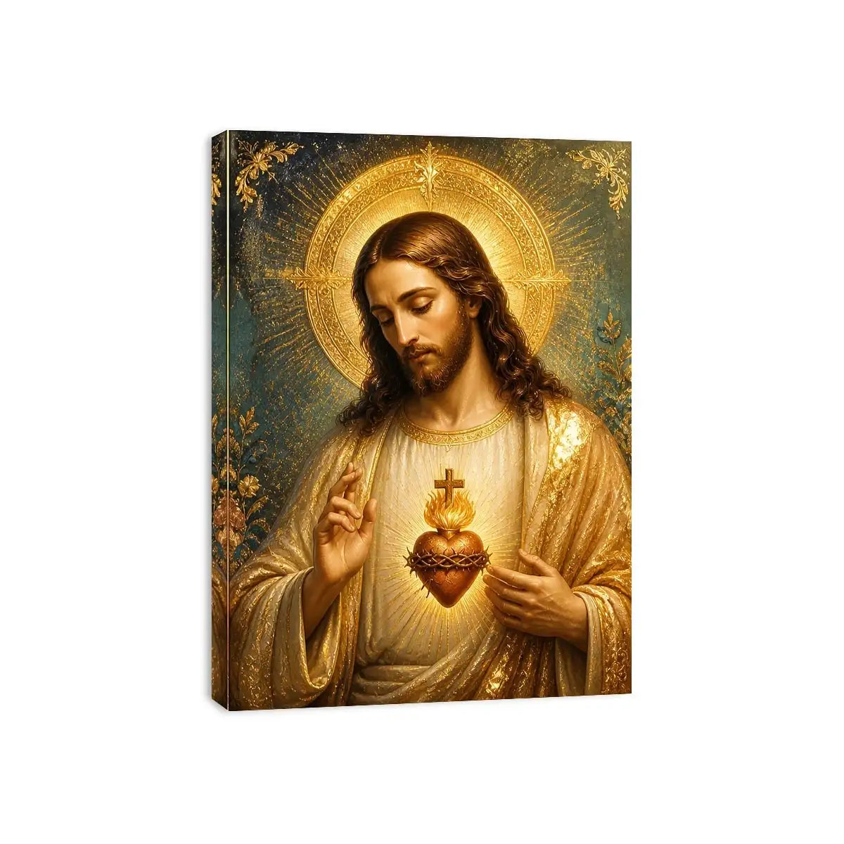 Divine Sacred Heart of Jesus wall art featuring glowing golden halo and sacred heart in renaissance style Christian canvas artwork