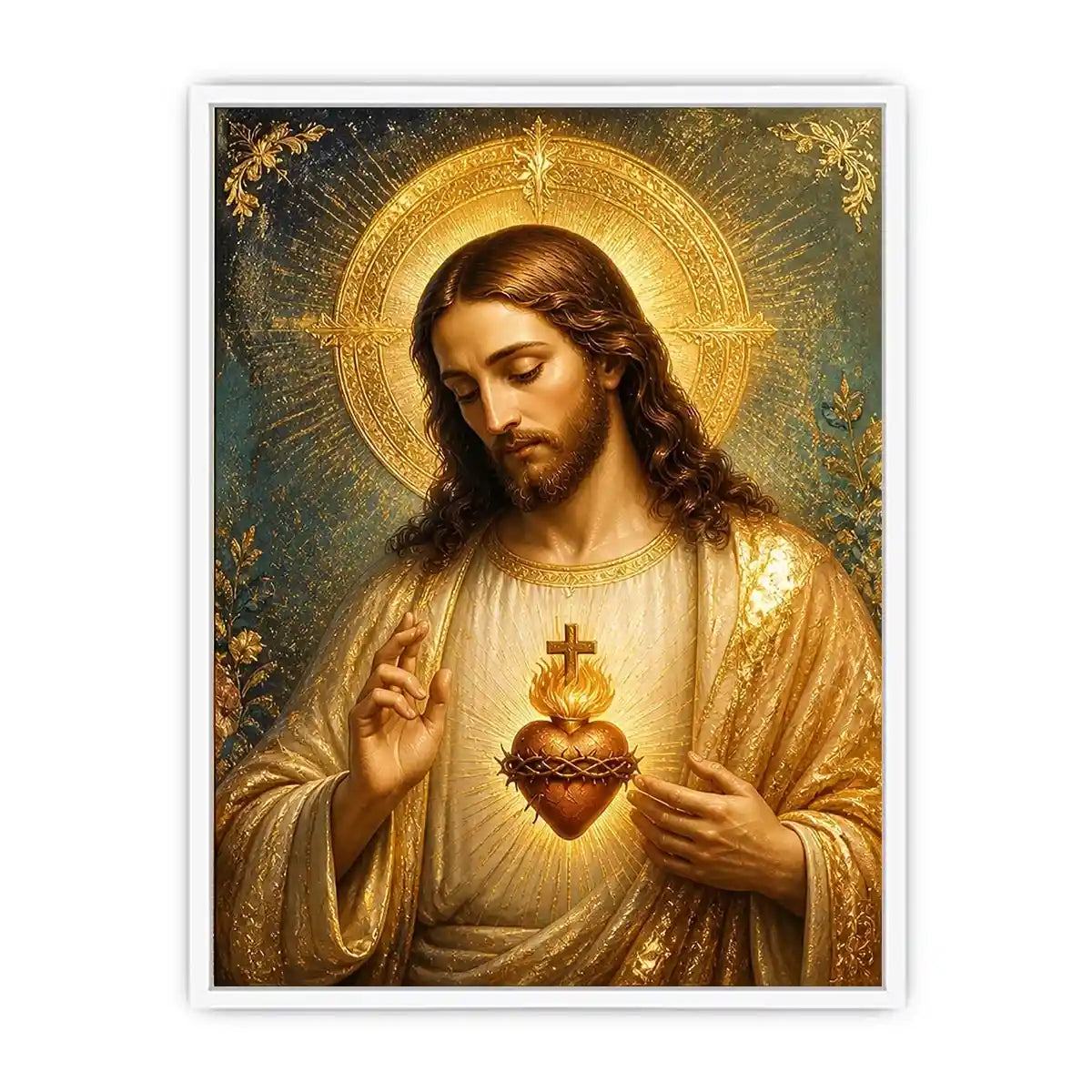 Divine Sacred Heart of Jesus wall art featuring glowing golden halo and sacred heart in renaissance style Christian canvas artwork