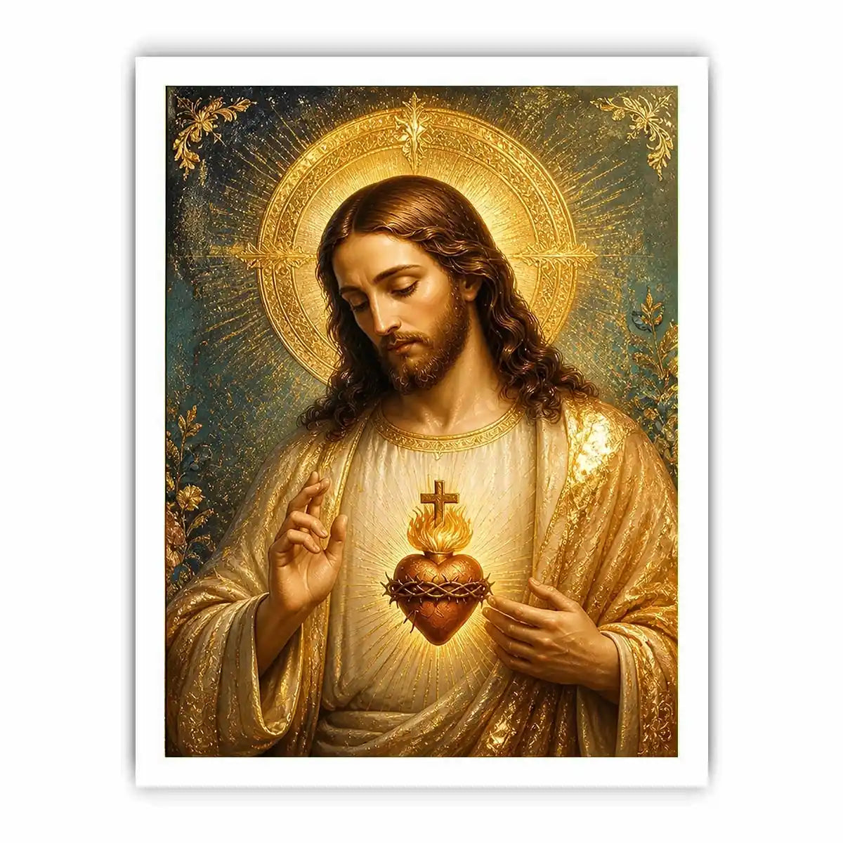 Divine Sacred Heart of Jesus wall art featuring glowing golden halo and sacred heart in renaissance style Christian canvas artwork