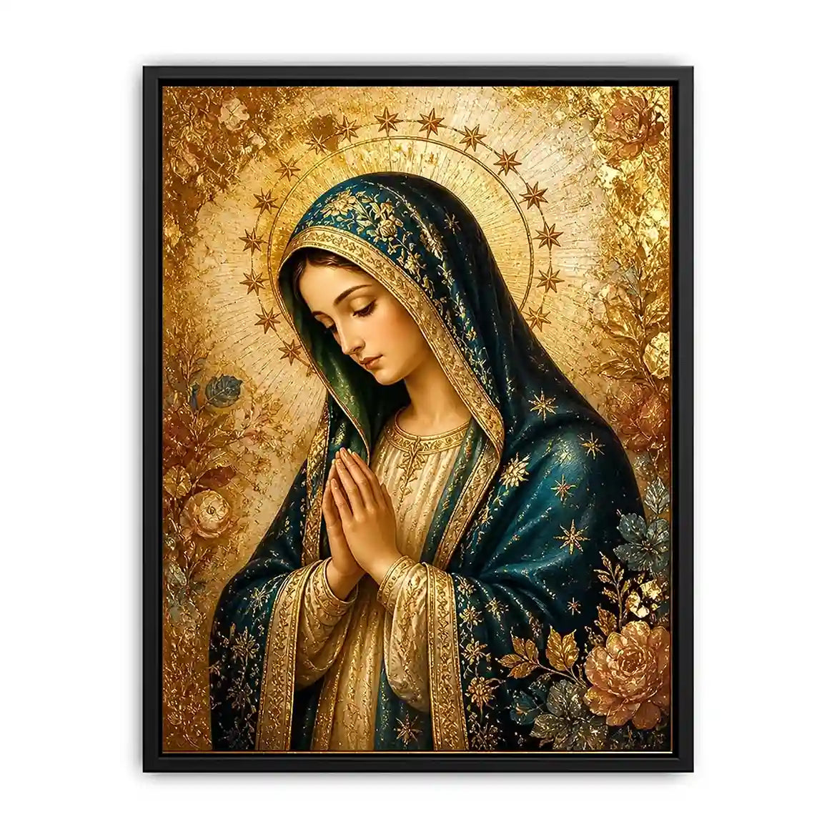 Luxury Virgin Mary wall art with gold halo blue robe and celestial floral religious canvas painting