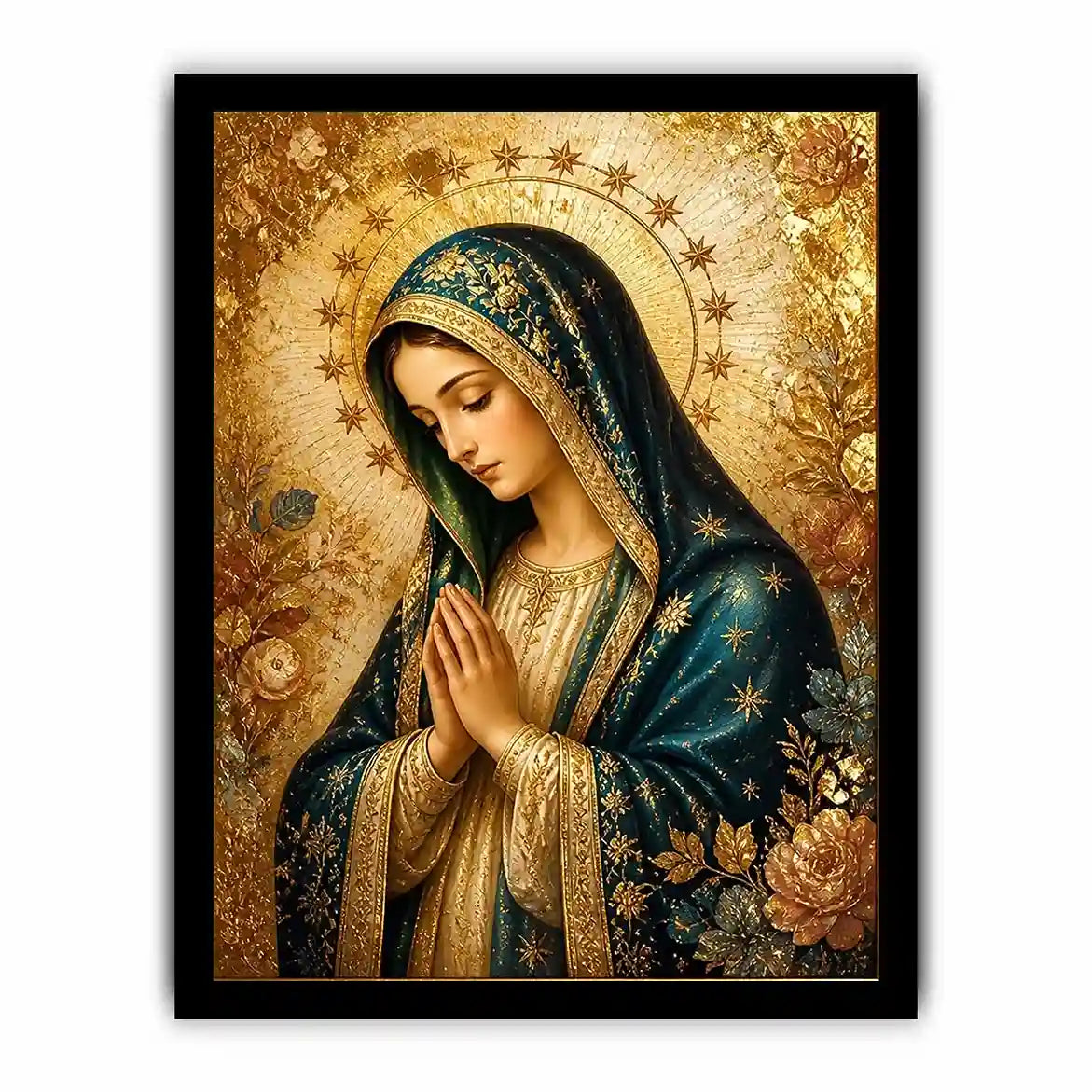 Luxury Virgin Mary wall art with gold halo blue robe and celestial floral religious canvas painting