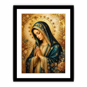 Luxury Virgin Mary wall art with gold halo blue robe and celestial floral religious canvas painting