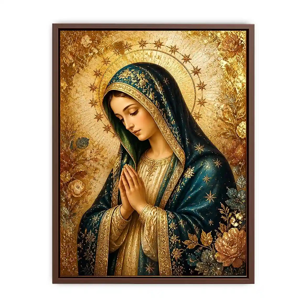Luxury Virgin Mary wall art with gold halo blue robe and celestial floral religious canvas painting