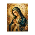 Luxury Virgin Mary wall art with gold halo blue robe and celestial floral religious canvas painting