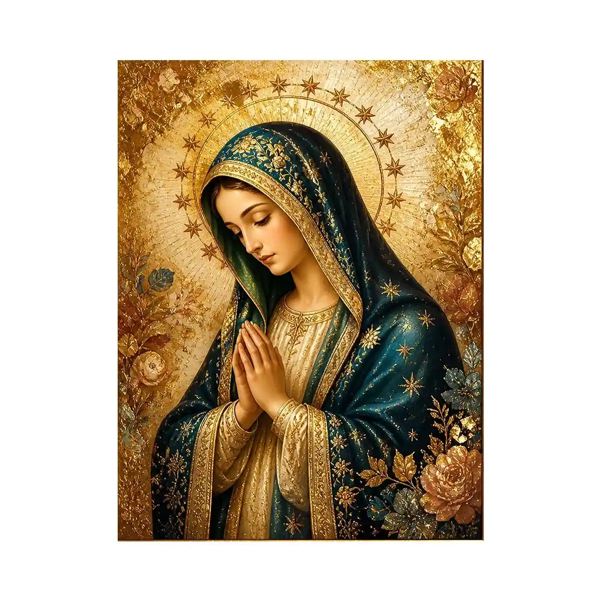 Luxury Virgin Mary wall art with gold halo blue robe and celestial floral religious canvas painting