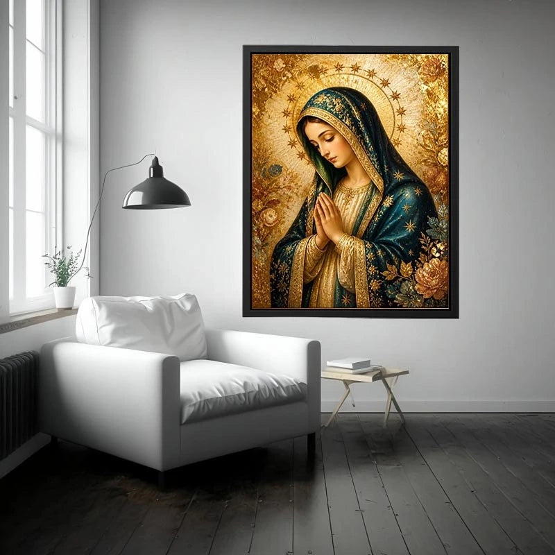 Luxury Virgin Mary wall art with gold halo blue robe and celestial floral religious canvas painting