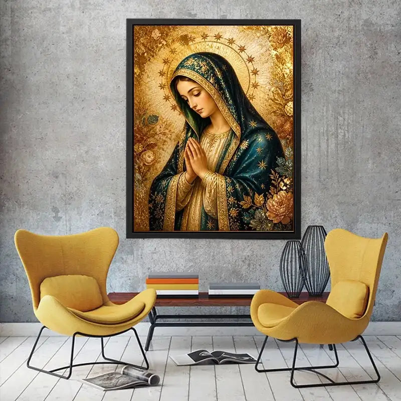 Luxury Virgin Mary wall art with gold halo blue robe and celestial floral religious canvas painting