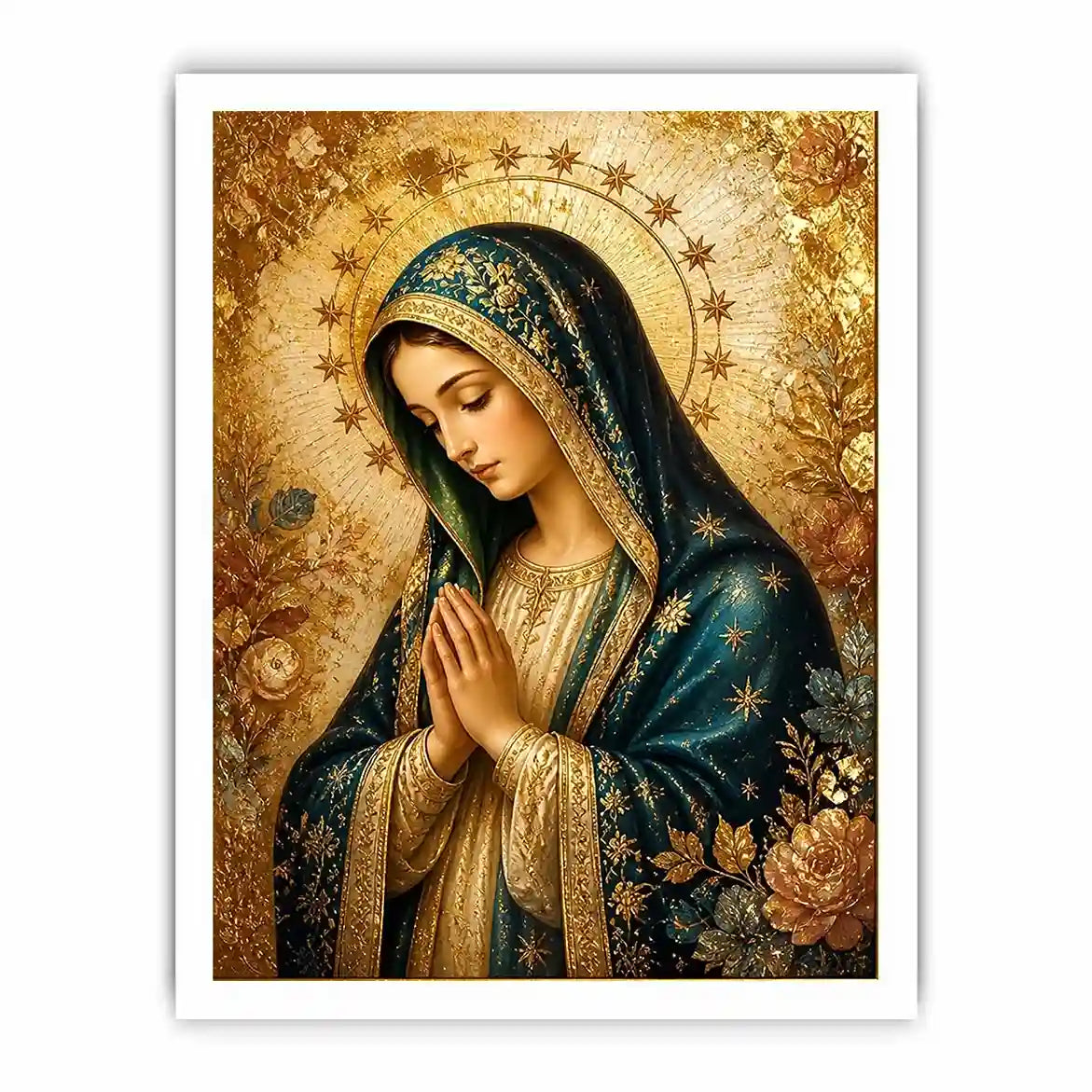 Luxury Virgin Mary wall art with gold halo blue robe and celestial floral religious canvas painting