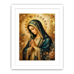 Luxury Virgin Mary wall art with gold halo blue robe and celestial floral religious canvas painting