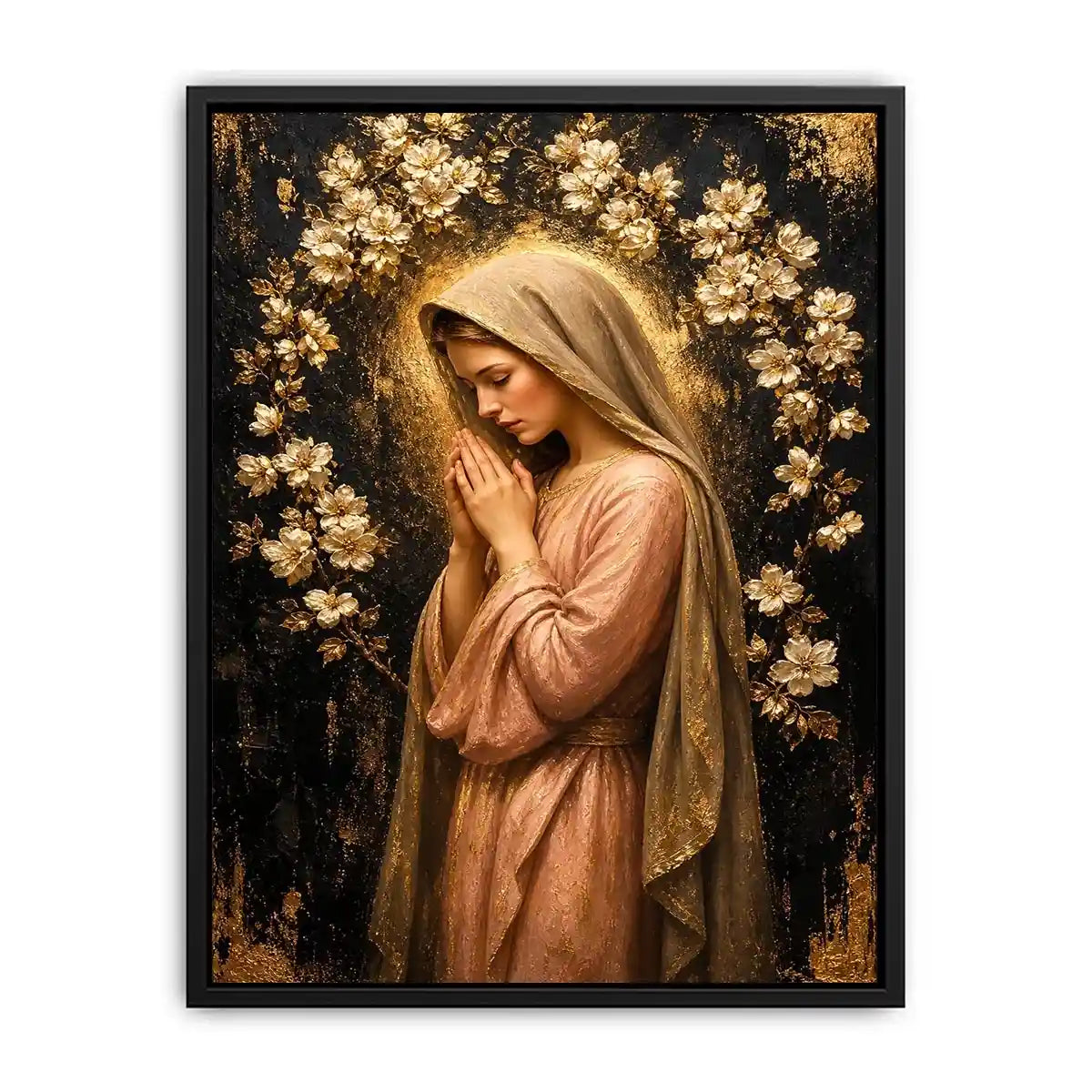 Luxury praying woman wall art with gold floral halo and blush pink spiritual canvas painting
