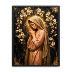 Luxury praying woman wall art with gold floral halo and blush pink spiritual canvas painting